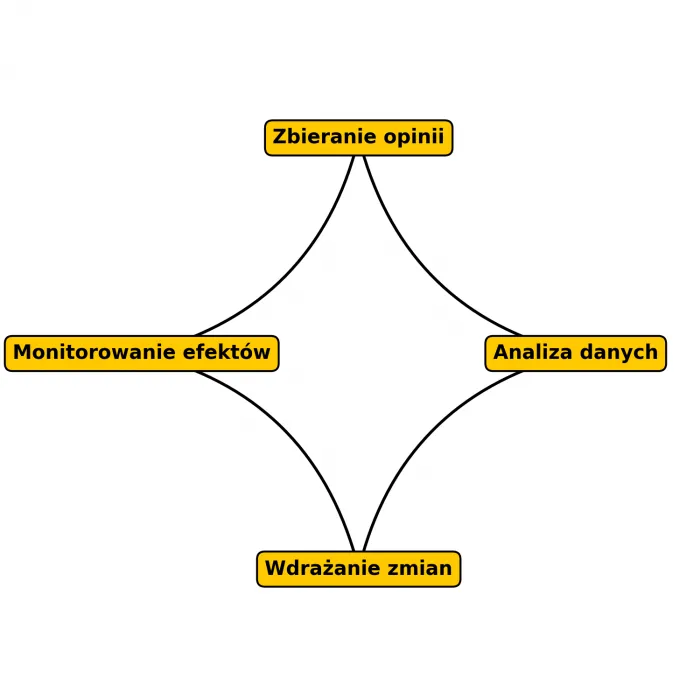 Infografika przedstawiająca cykl feedback loop w DOMBI: zbieranie opinii, analiza danych, wdrażanie zmian, monitorowanie efektów