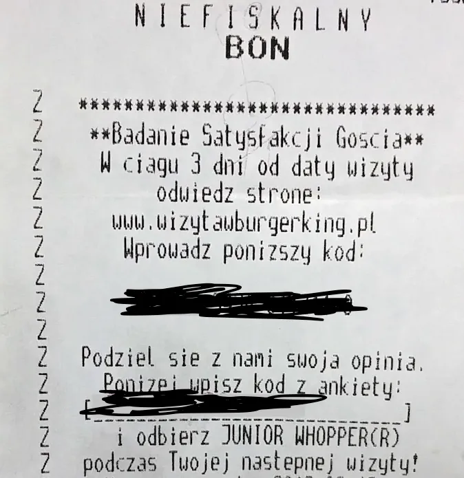 Ankieta satysfakcji Burger King na paragonie