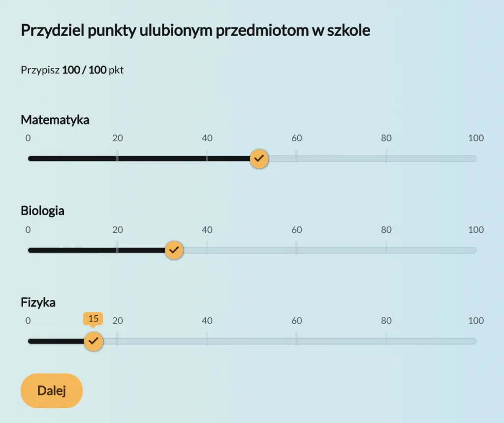 Przykład zastosowania pytania z podziałem punktów w ankiecie