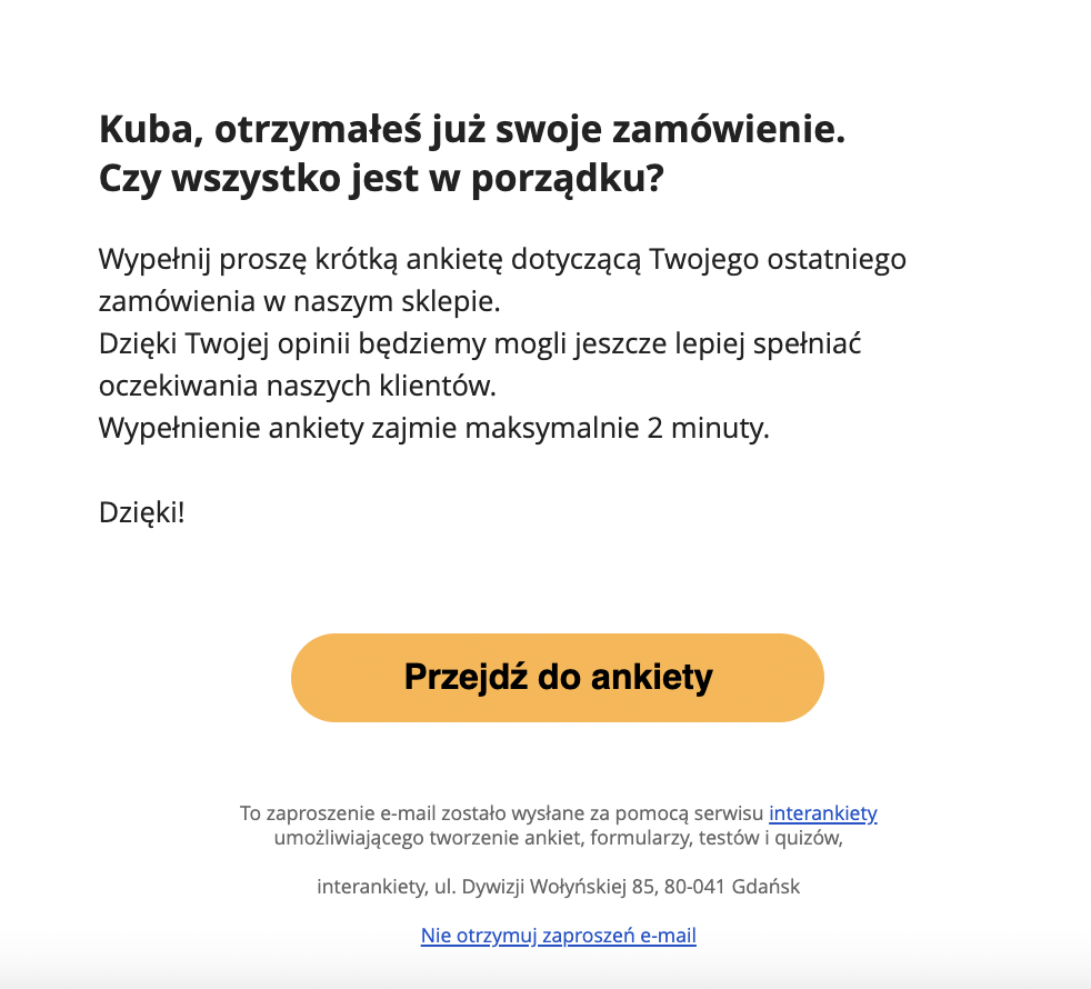 E-mail z zaproszeniem do wypełnienia ankiety