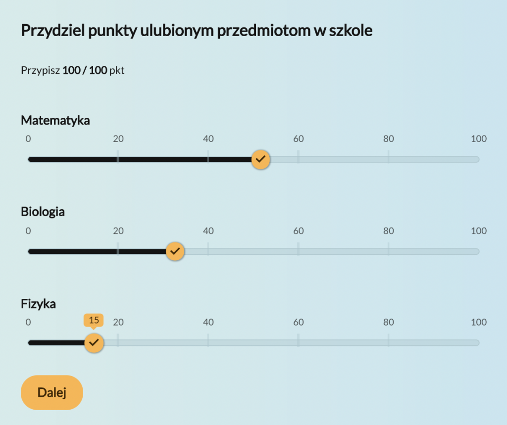 Przykład zastosowania pytania z podziałem punktów w ankiecie